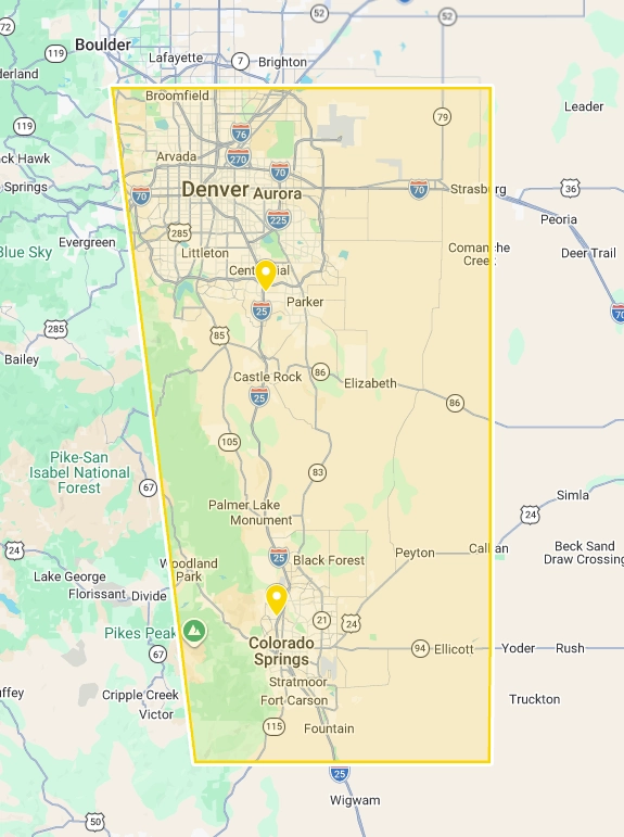 Service area map for custom window well covers in Colorado Springs and Denver metro area